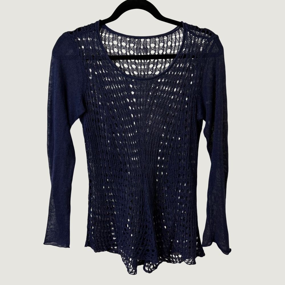 Eileen Fisher Organic Linen Crochet Knit Top Navy Blue M (no tag) Fall Layering
